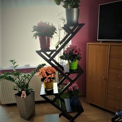 Wysoki czarny geometryczny stojak na rośliny z kwitnącymi kwiatami w salonie